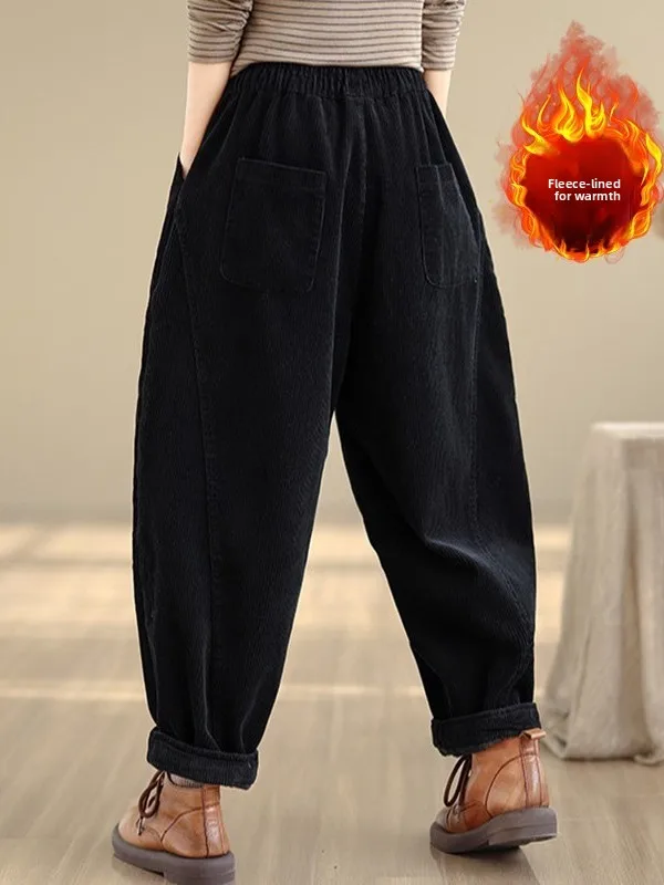 الرجعية Thiened Fce اصطف مرونة الخصر هارلان السراويل النسائية زائد حجم السراويل الدافئة عارضة القطن البوليستر مزيج الخريف... #4