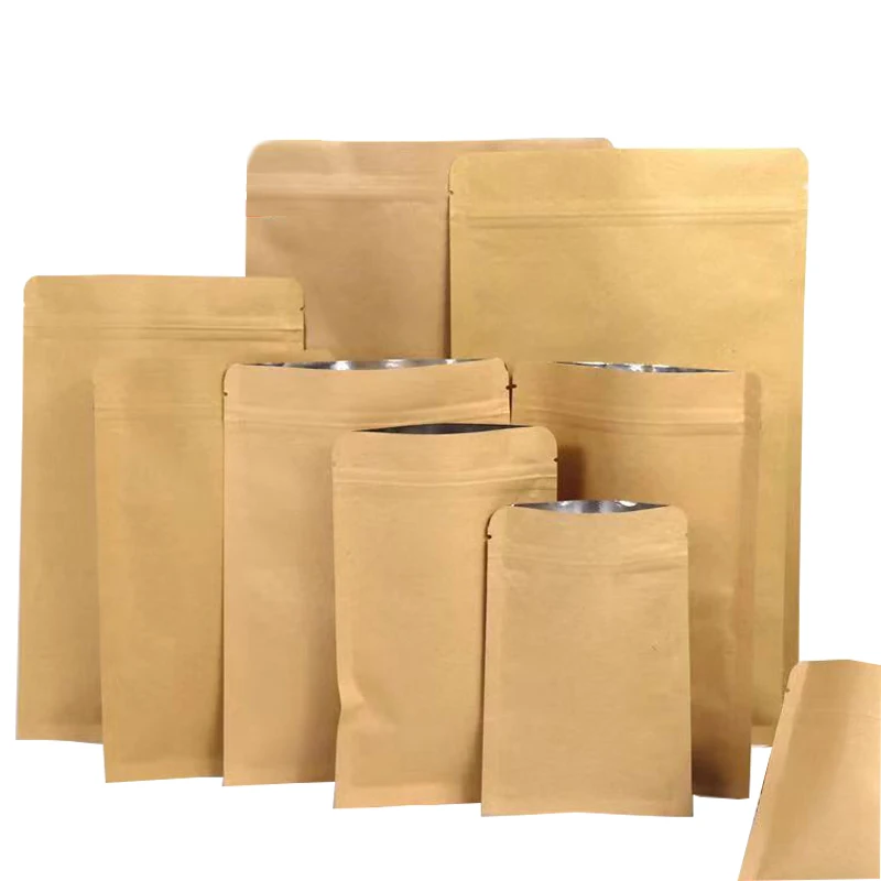 100Pcs Thick Flat Brown Kraft Paper Zip Lock Storage Pouches Nut Grain Spice Powder Capsule Gift Coffee Food Sanck Packaging Bag