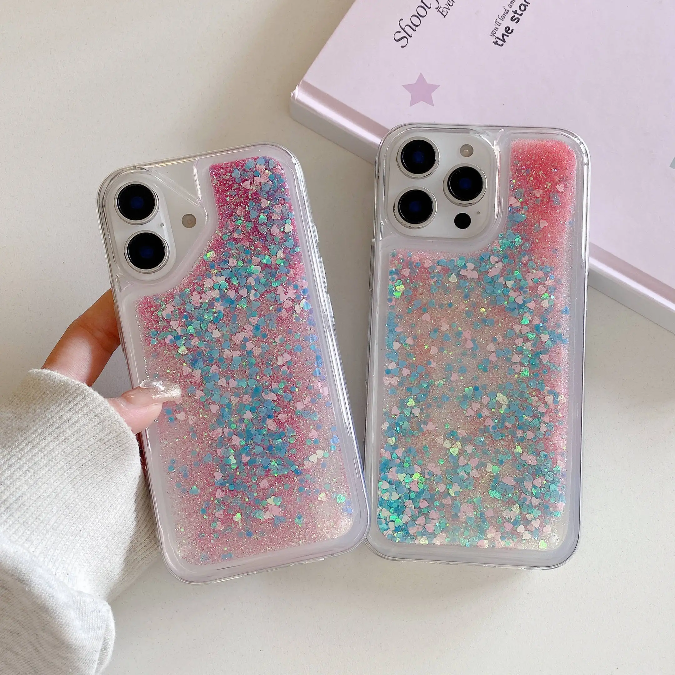 

Dynamic Quicksand Liquid Heart Sequins Clear Phone Case for iPhone 11 12 13 14 15 16 Pro Max Transparent Pink Sands Cover Shell
