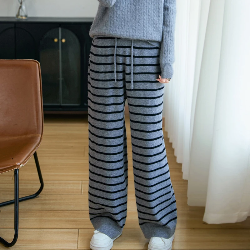Autumn Winter New Fashion High Quality 100% Merino Wool Loose Knit Stripe Wide Leg Drop Straight Trousers Elastic Waist Pants