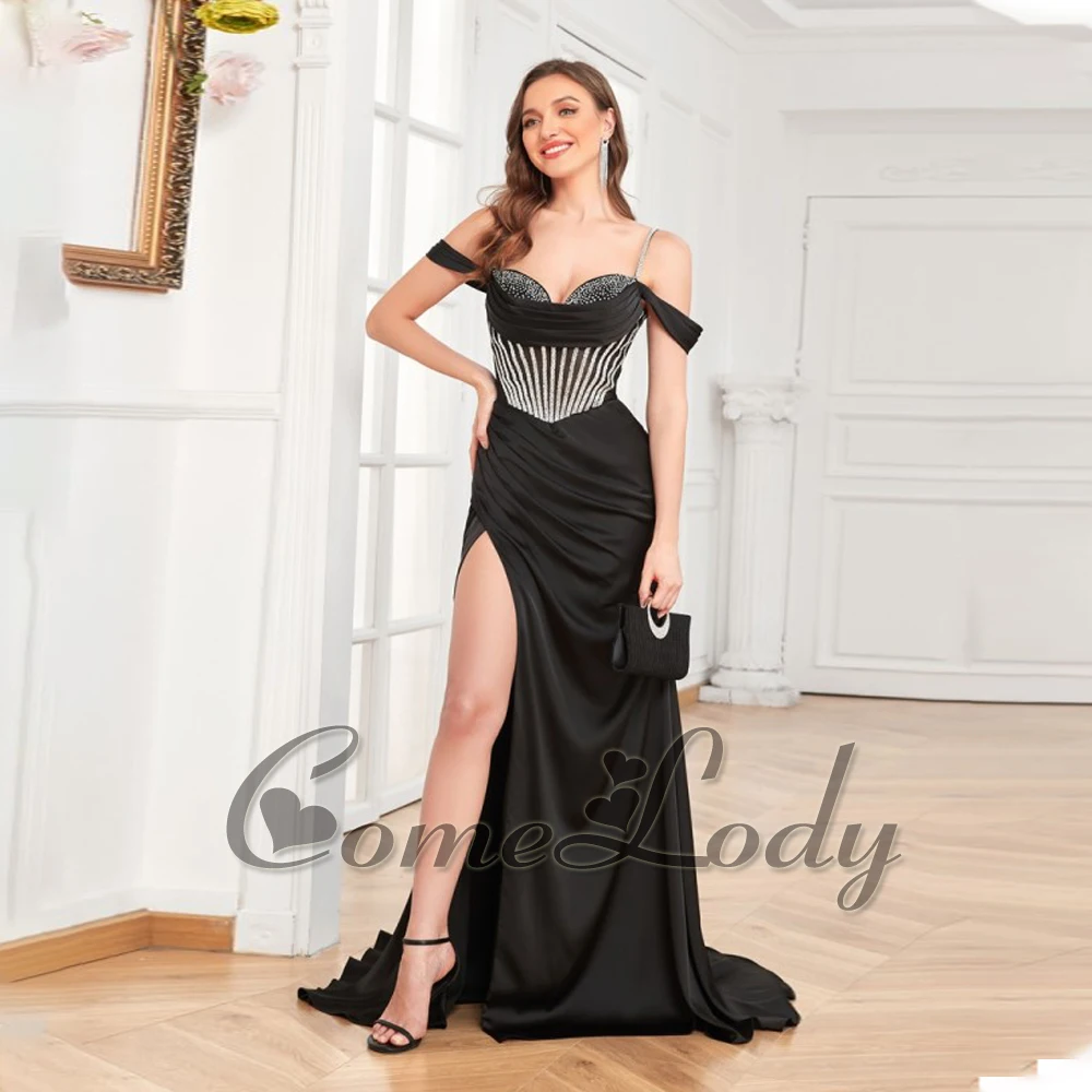 

Comelody Classic Trumpet Prom Dresses for Women Saudi Arabric Pleat Spaghetti Straps Off the Shoulder Lace Up Vestido De Fiesta