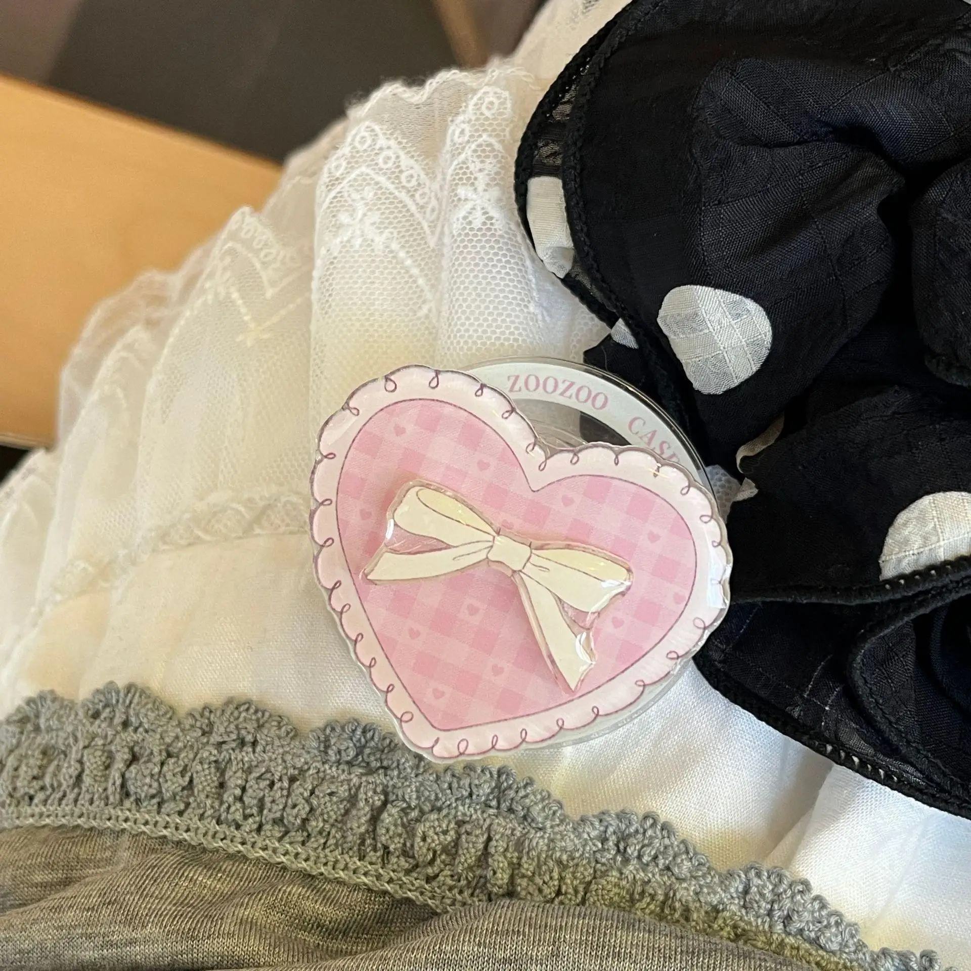 Korean Cute Grid Heart Bow For Magsafe Magnetic Phone Griptok Grip Tok Stand For iPhone 15 Wireless Charging Case Holder