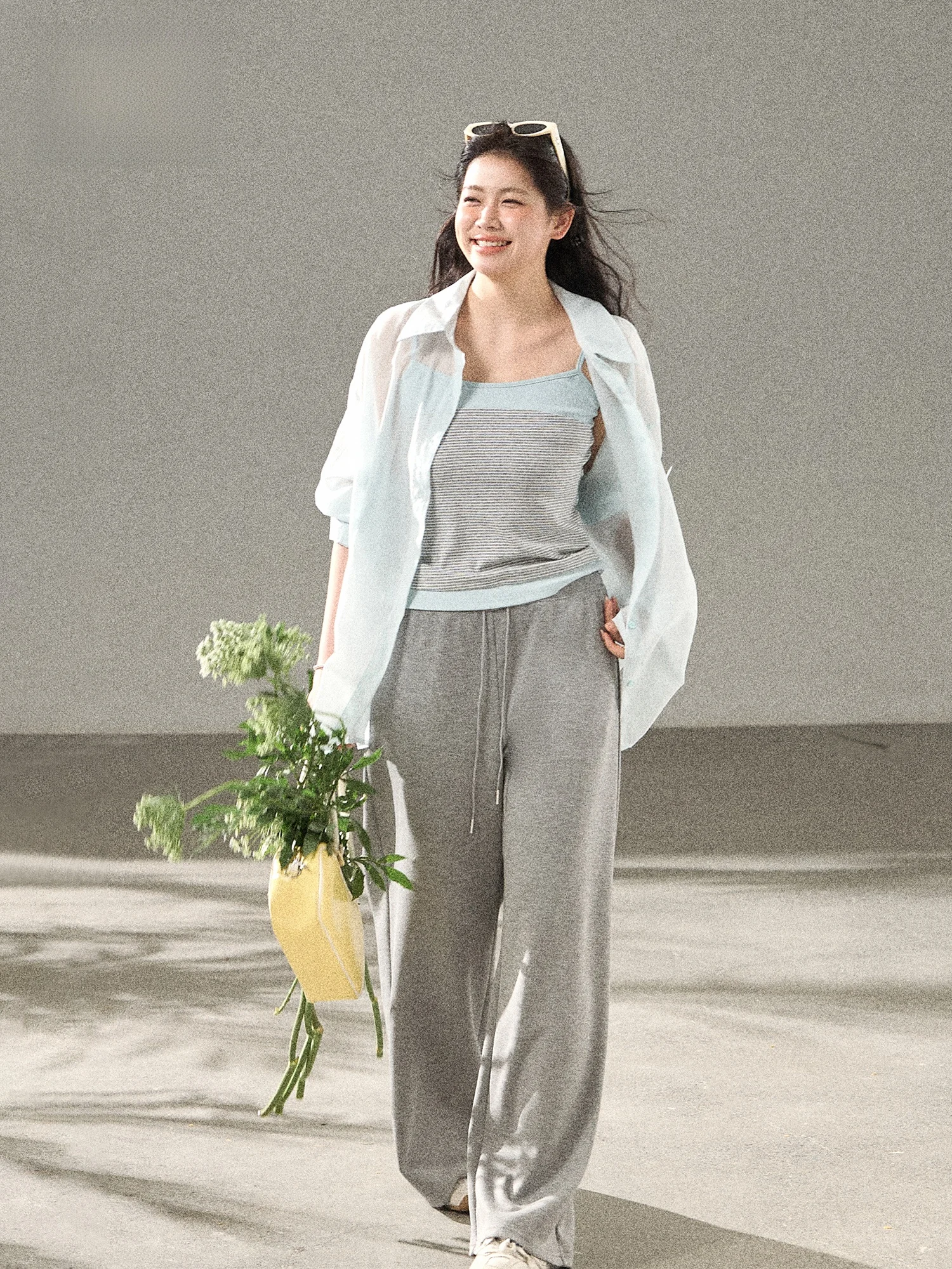 

plus Size Women's Sun Protection Shirt Strap Wide Leg Pants Three Piece Set Casual Loose Fit Spring Summer Fashion Ensemble