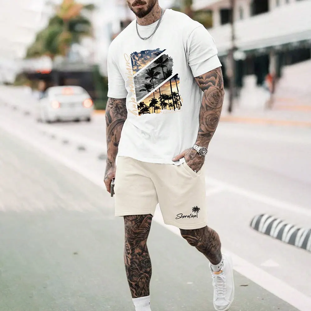 2024 New Men\'s Fashion Short-Sleeved Shorts Set Leisure Summer T-Shirt And Drawstring Shorts 2-Piece Sportswear Set Quick drying