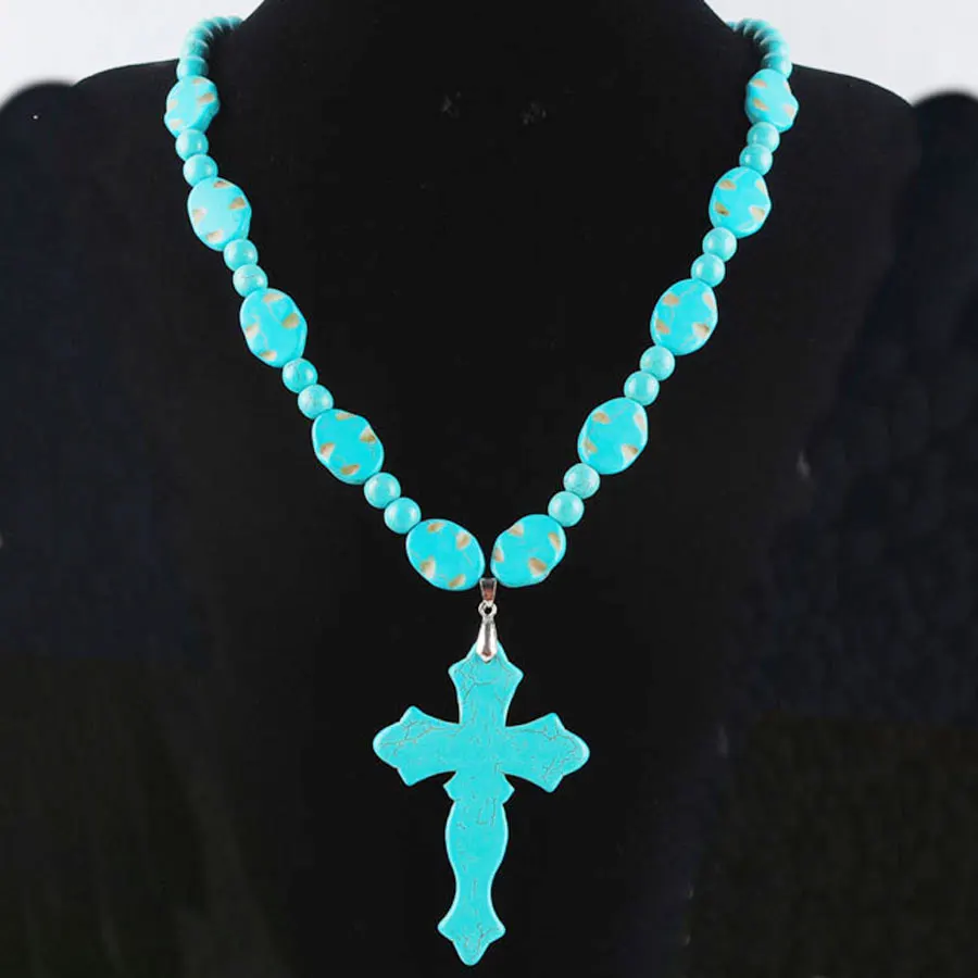 

Blue Howlite Turquoise Gemstone 8mm Cross Water Drop Pendants Necklace 21'' Strand For Men Women Jewelry BF314