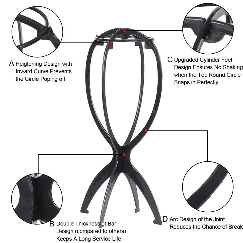 2팩 13.8인치 휴대용 접이식 가발 스탠드 홀더 다수의 가발용 블랙 및 핑크 내구성 있는 여성용 가발 스탠드