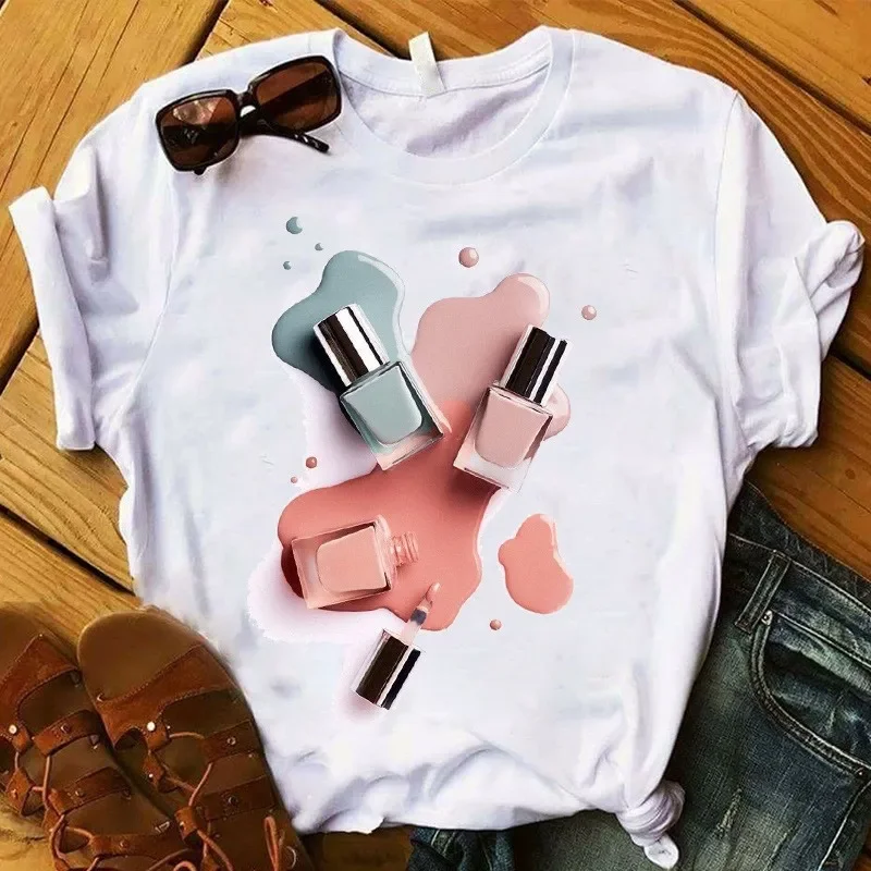 Women White T-shirt 100% Cotton T Shirt High Quality Nail Polish Graphic Print Casual Oversized Girl Tee Big Size Clothing