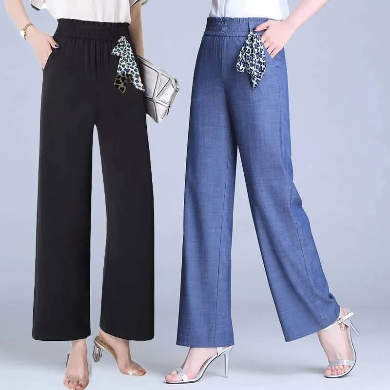 

Ice Silk Denim Wide Leg Pants Women's Summer Thin Mother Jeans Elastic High Waist Straight Trousers Female Ankle-Length Pants