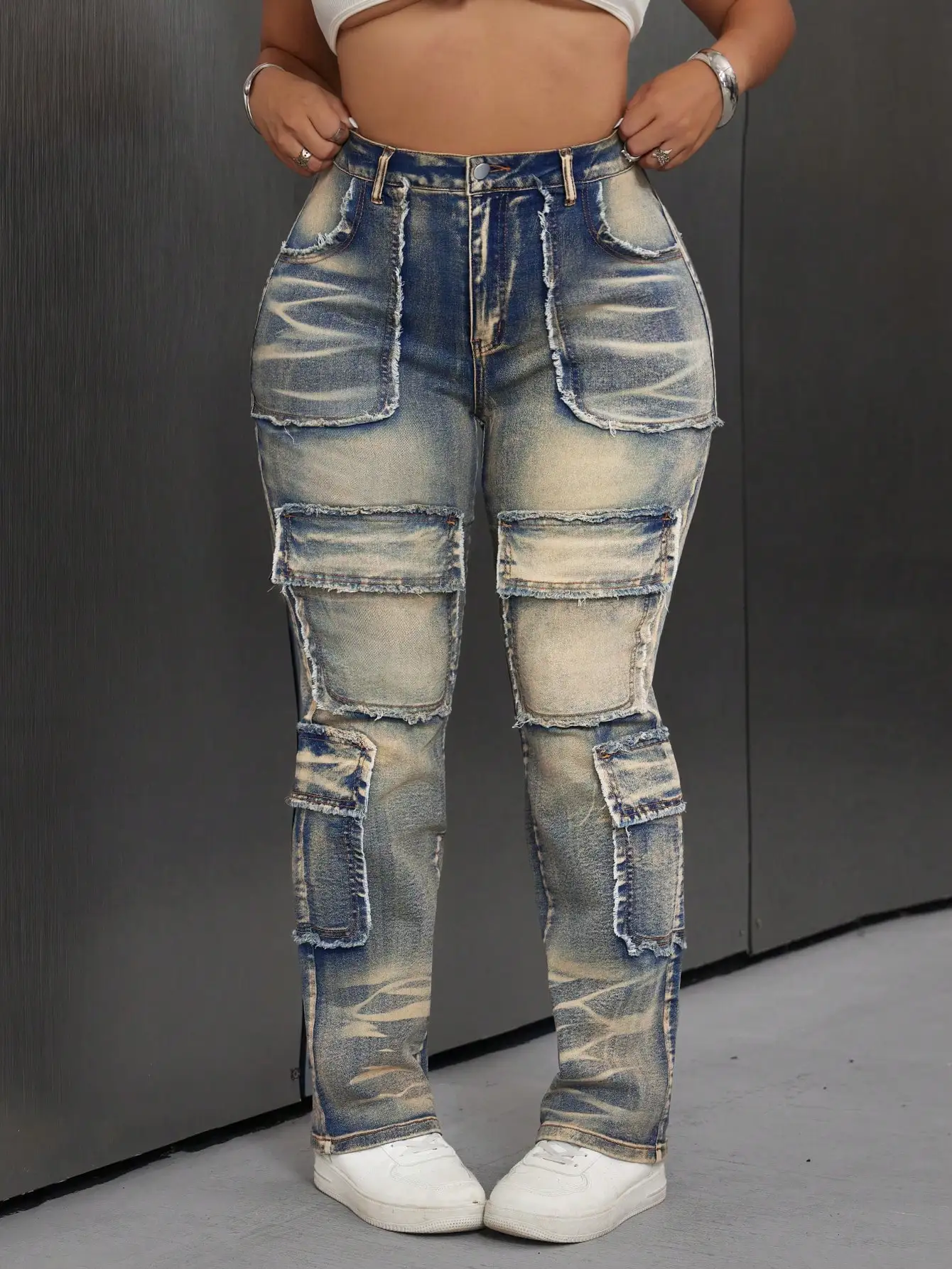 

Джинсы больших размеров из денима с эффектом потертости, пэчворком и множеством карманов, с высокой талией, в винтажном американском рабочем стиле