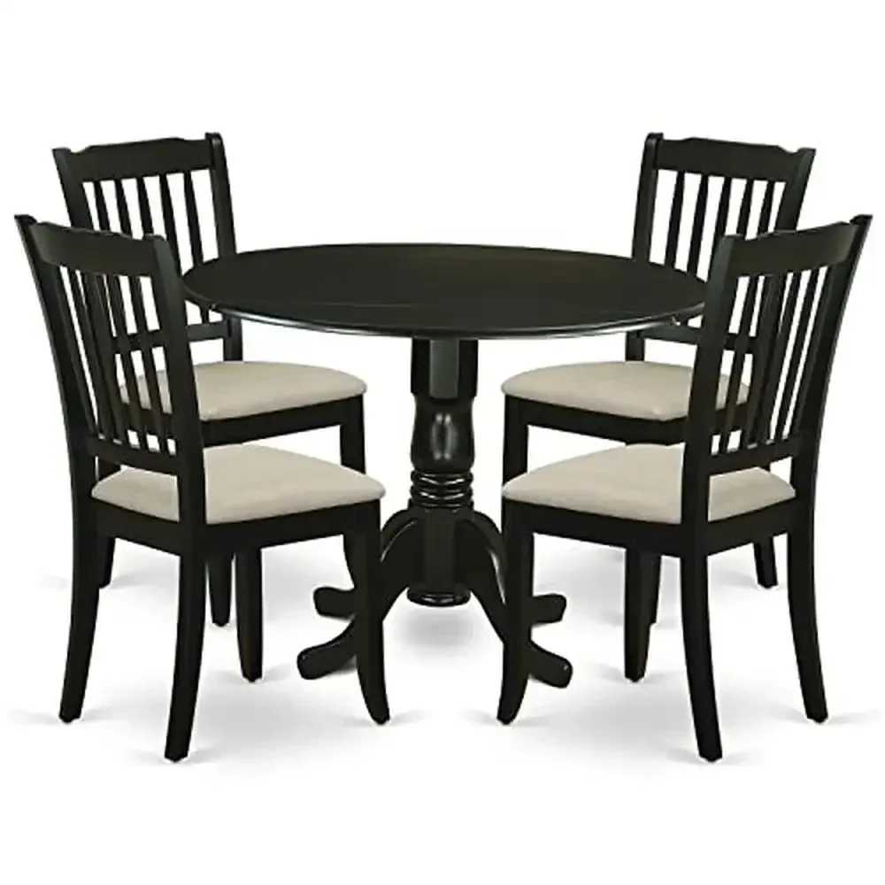 Round Kitchen Table Set with Dropleaf & Upholstered Chairs 5 Piece Dining Set / Black Finish / Linen Fabric / Elegant Design &