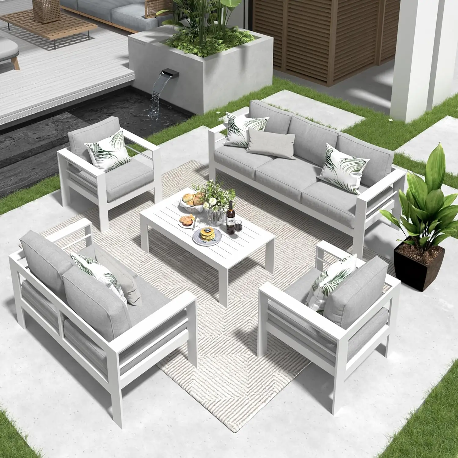 

Aluminum Patio Furniture Set,5 Pieces Modern Outdoor Conversation Set Sectional Sofa with Upgrade Cushion and Coffee Table