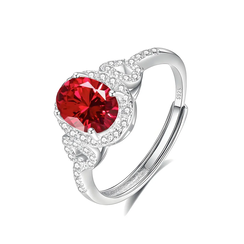 

New oval rose red high carbon diamond ring temperament fashionable S925 silver adjustable ring