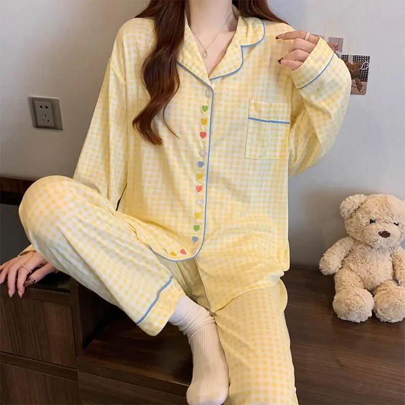Kawaii leite amarelo xadrez primavera e outono roupas de casa para meninas, novo doce e amoroso pijama de manga comprida conjunto de duas peças