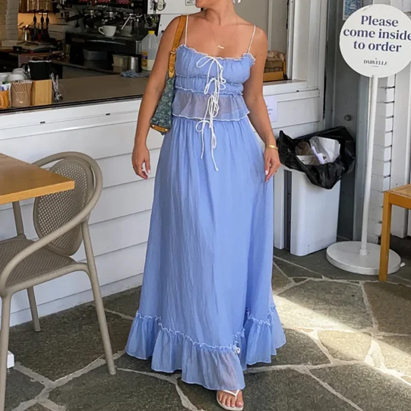 LIBIELIY Women Elegant French Skirt Outfits Sexy Off Shoulder Tie-up Sling Top & Long Skirt Suit Casual Sleeveless Pleated Soli