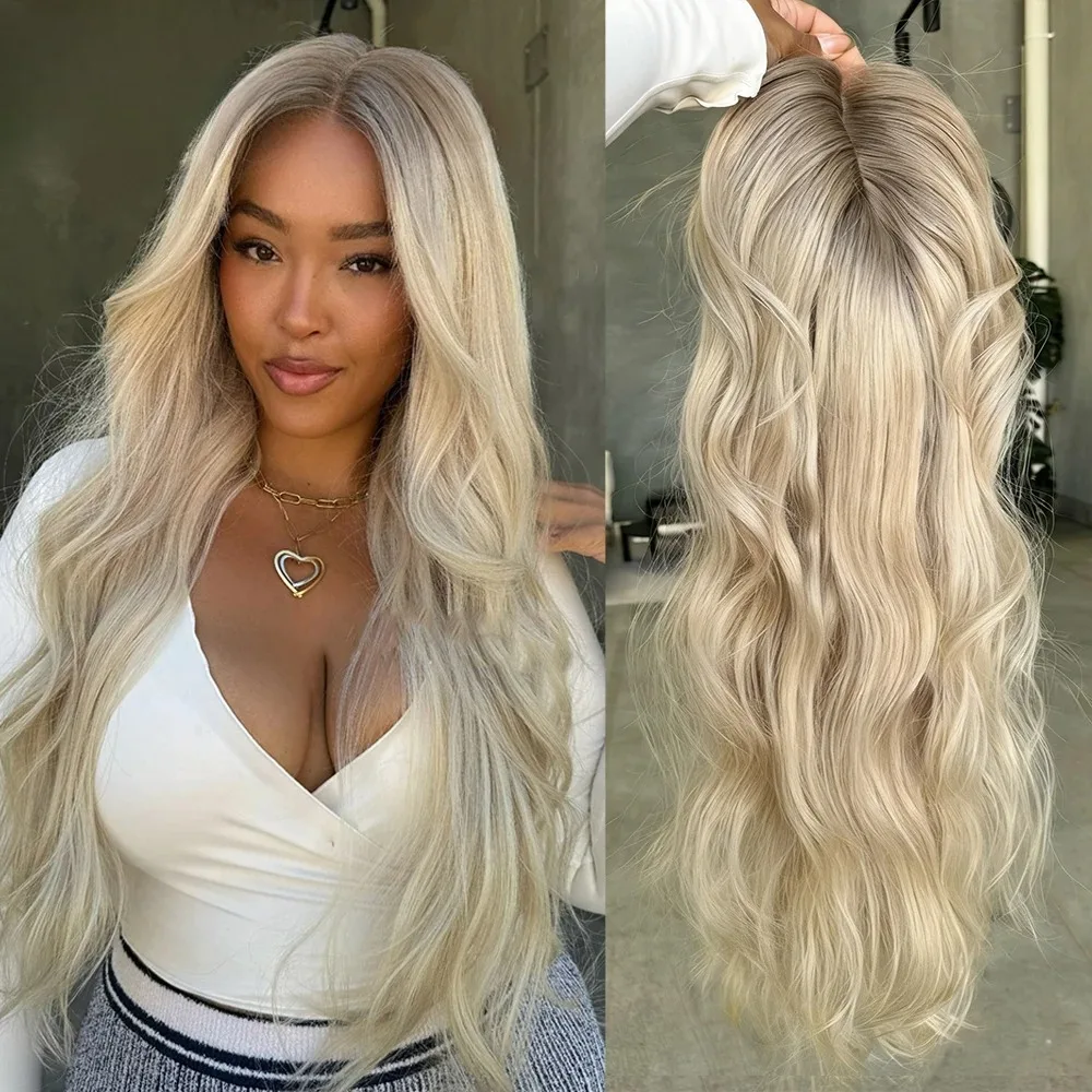 30 Inch Super Long Wave Wig Ombre Platinum Golden Blonde Highlights Synthetic Lace Front Wig Original Factory Cheap Wigs Party