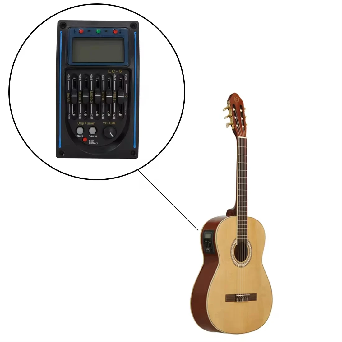 Classical Acoustic Guitar Pickup, EQ Equalizer, Preamplifier with Volume, Midrange Control Bass and Treble, 4/5 Bands