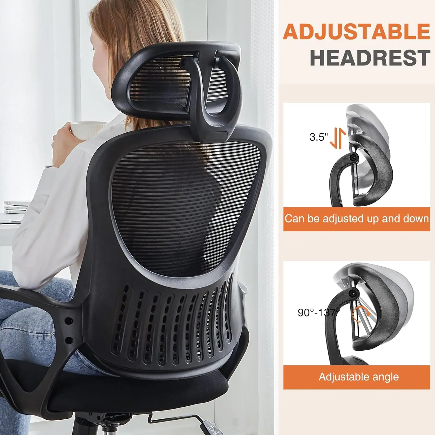 Office Desk Chair Ergonomic High Back Rolling Chair Adjustable Headrest Comfortable Lumbar Support Armrests for Bedroom Study