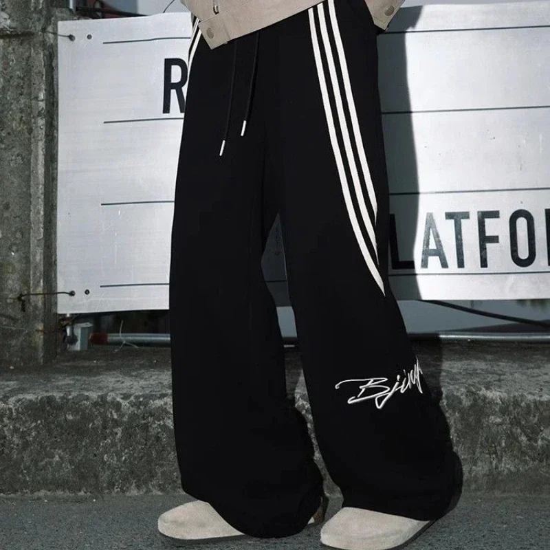 American Retro Pants Men Women Striped Letter Embroidery Solid Color Casual Pants Summer New Straight Loose Hundred Sports Pants