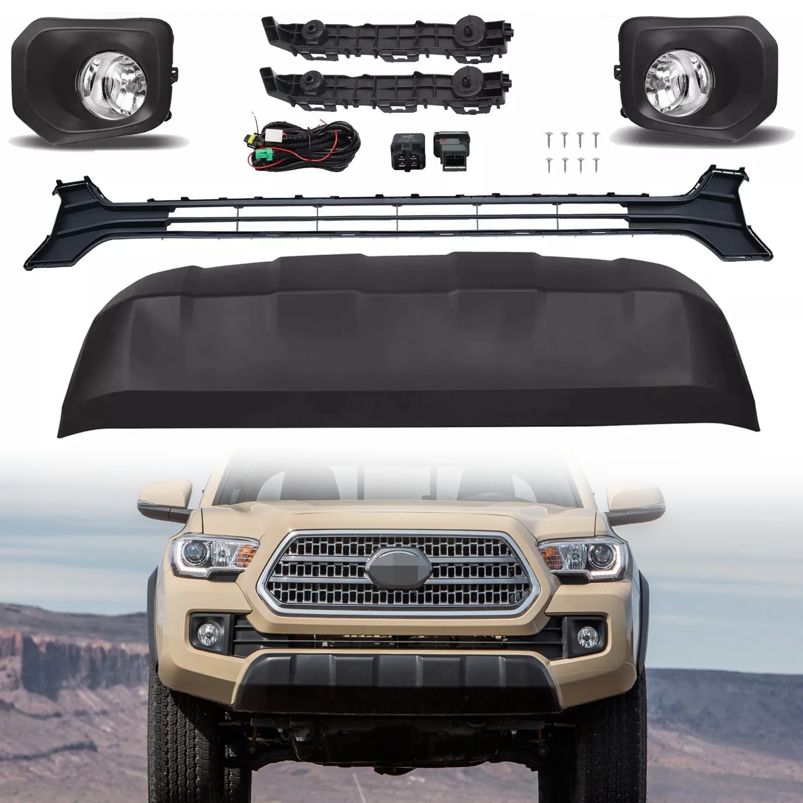 

Front Grill+Valance+Fog Light Bezels+Bumper Bracket Set For Toyota Tacoma 16-23