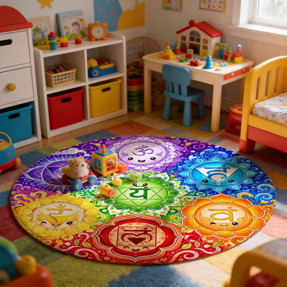 Yoga Mat Design Circle Cushion Meditation Floor Rug Spiritual Chakra Mandala Om Yoga Practice Area Decor