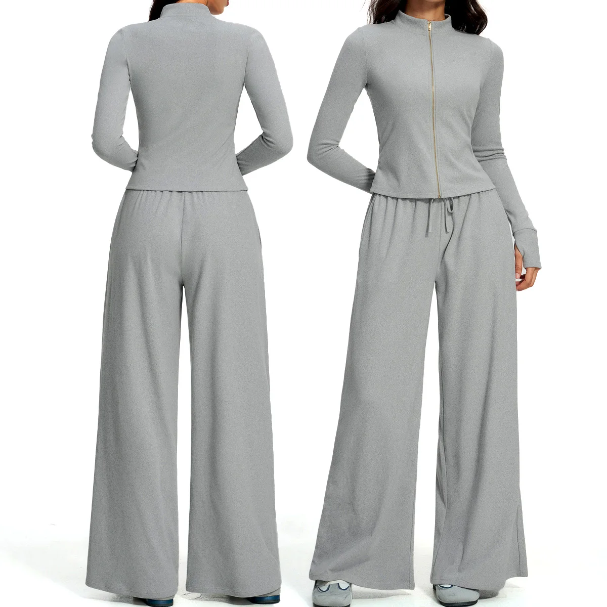 Women 2 Piece Yoga Set Long Sleeve Zip Up Jacket High Waist Wide Leg Pants Workout Activewear Gym Fitness Outfit Loose Pants Set