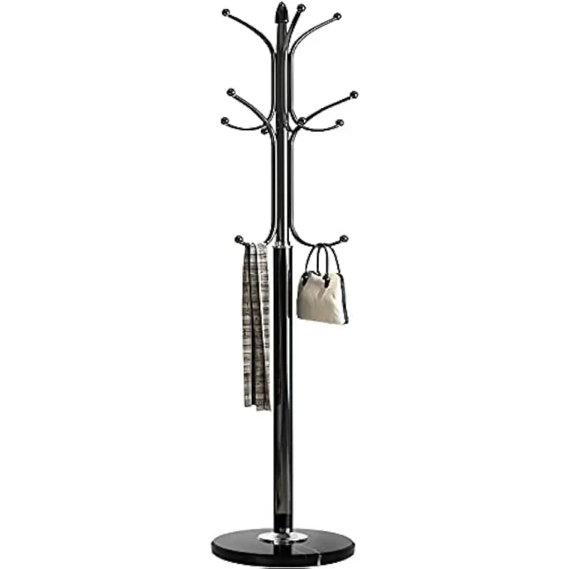 Metal Coat Rack Stand with Natural Marble Base, Free Standing Hall Tree with 12 Hooks for Hanging Scarf, Bag, Jacket