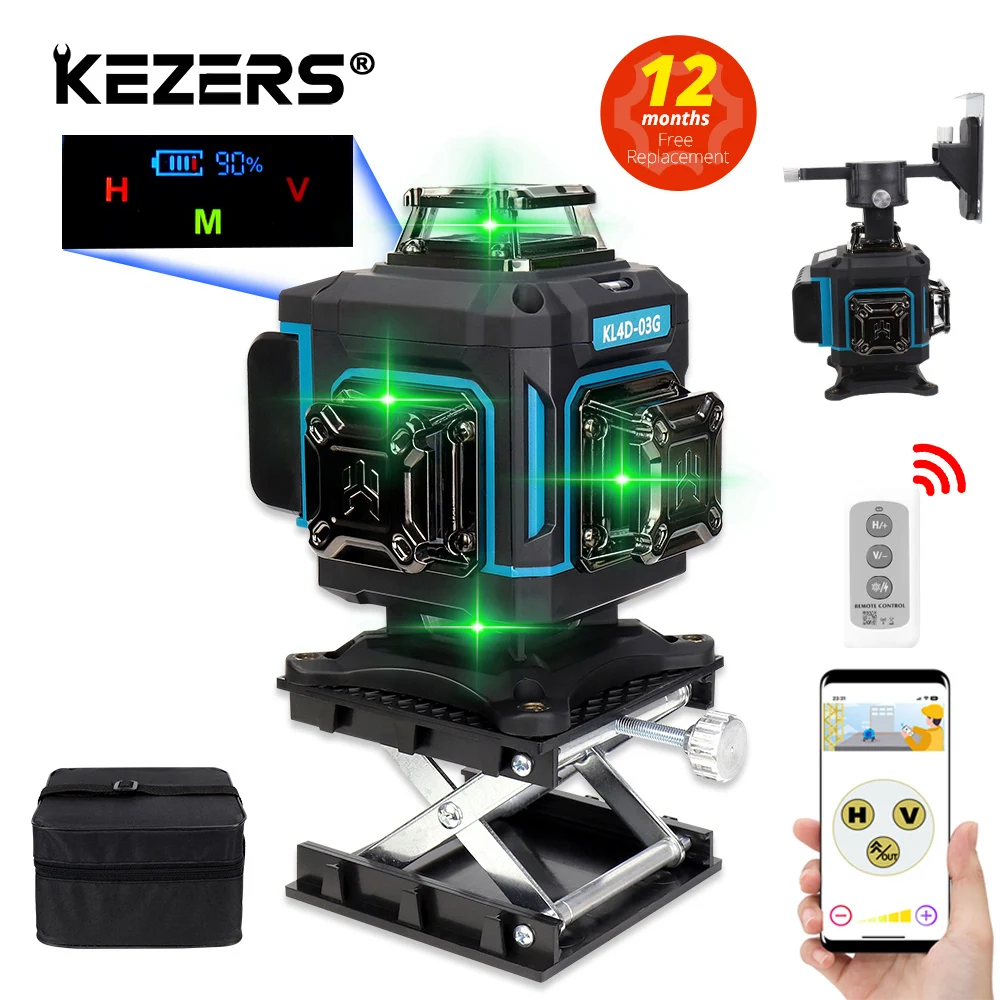 Kezers-controle Remoto Nível Laser Verde 16 Linhas Display 4d Kl4d03g Auto Nivelamento 360 4000mah Bateria Li-ion Controle Remoto Bolsa de Pano 1pc