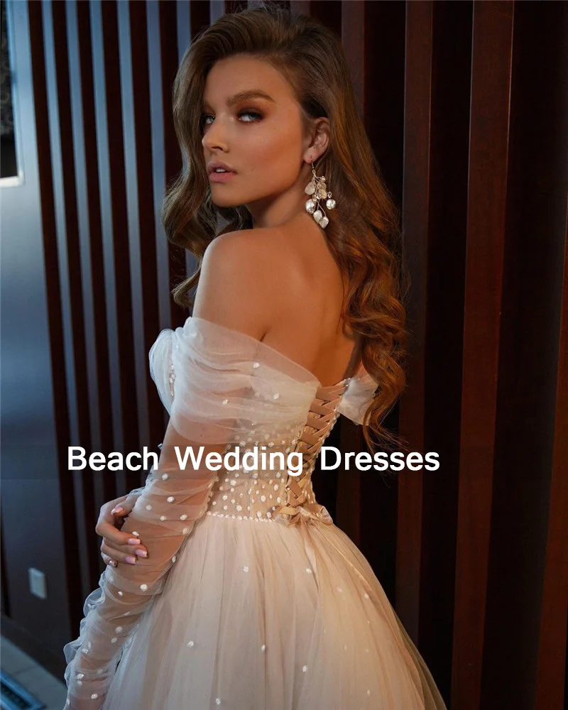 Champagne Wedding Dresses Sexy Side Split Dots Tulle Bride Dress 2023 Long Sleeve Off The Shoulder Wedding Gowns Plus Size