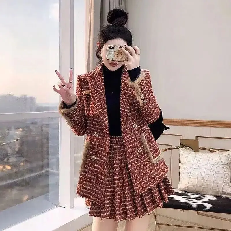 Xiaoxiangfeng autumn and winter new women's suit skirt suit plaid jacket+slim fit skirt two-piece set trendy