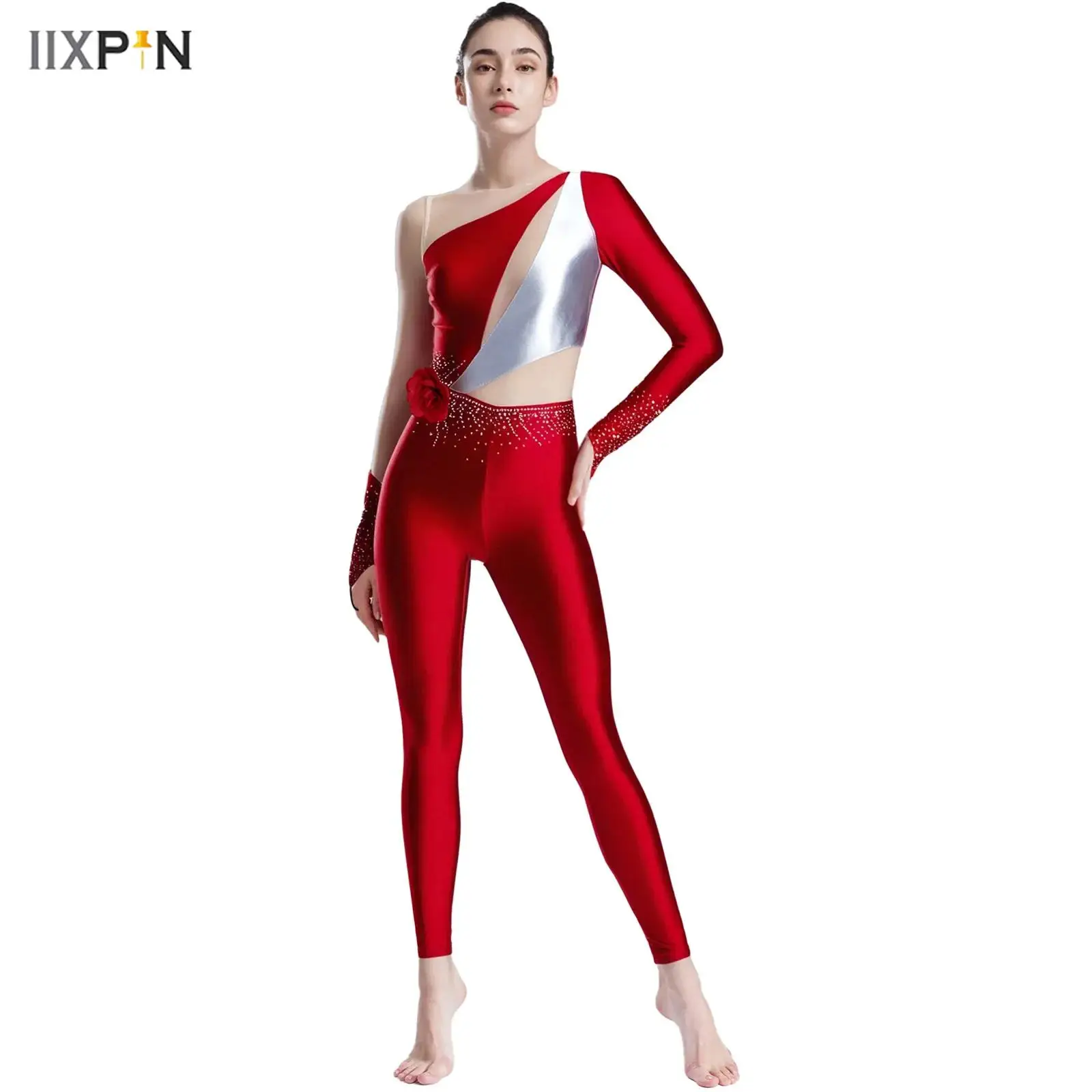 

Womens Figure Skating Jumpsuit 3D Flower Contrast Color Metallic Rhinestone Long Sleeve Slim Rompers Bodysuit Gymnastics Costume