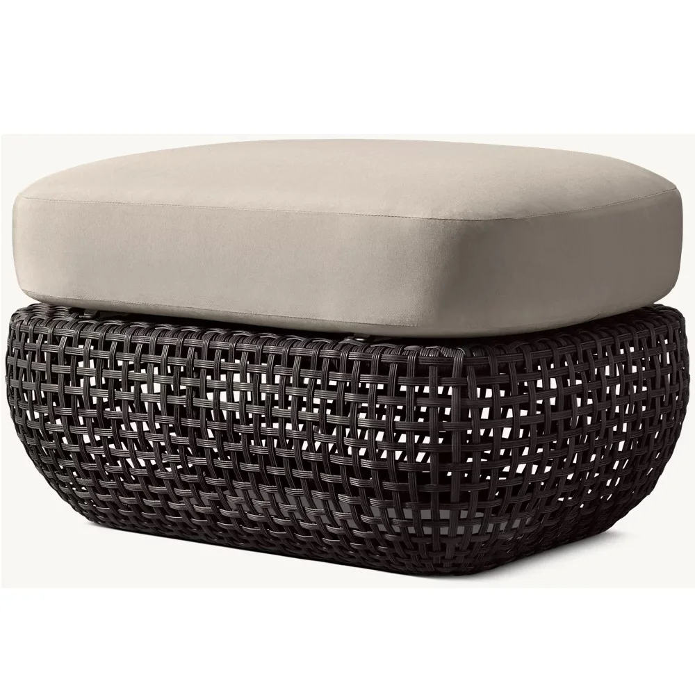 Outdoor PE Wicker Rattan Ottoman with Cushions All-Weather Footstool for Balcony Garden Poolside Use Comfortable