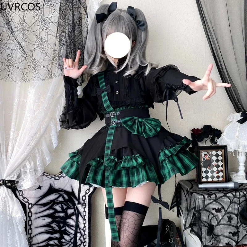 Victorian Gothic Lolita Plaid Bow Suspender Skirt Women Chic Love Button A-Line Mini Skirts Cute Girl Punk Style Y2k Party Skirt