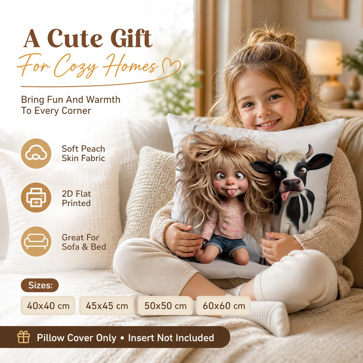 

Funny Cow Girl 2D Flat Printed Pillowcase Soft Peach Skin Fabric Cushion Cover for Kids Room Sofa Bed Novelty Home Decor Gift