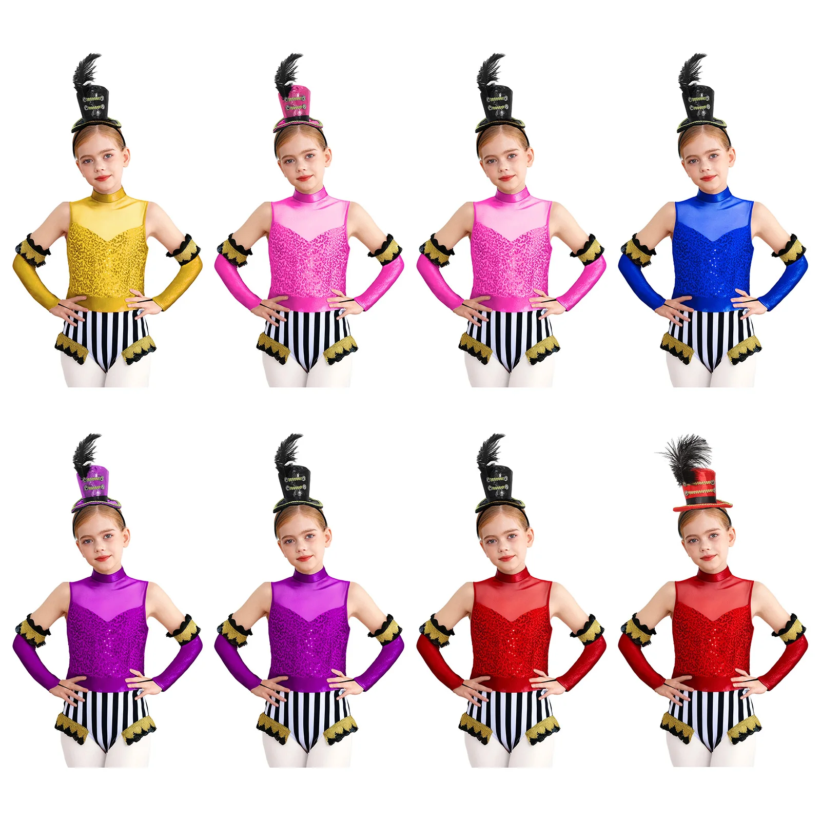 أطفال بنات أكمام الترتر ملابس رقص الجمباز مع الأكمام الطويلة هالوين كرنفال حفلة السيرك Ringmaster الساحر تأثيري حلي