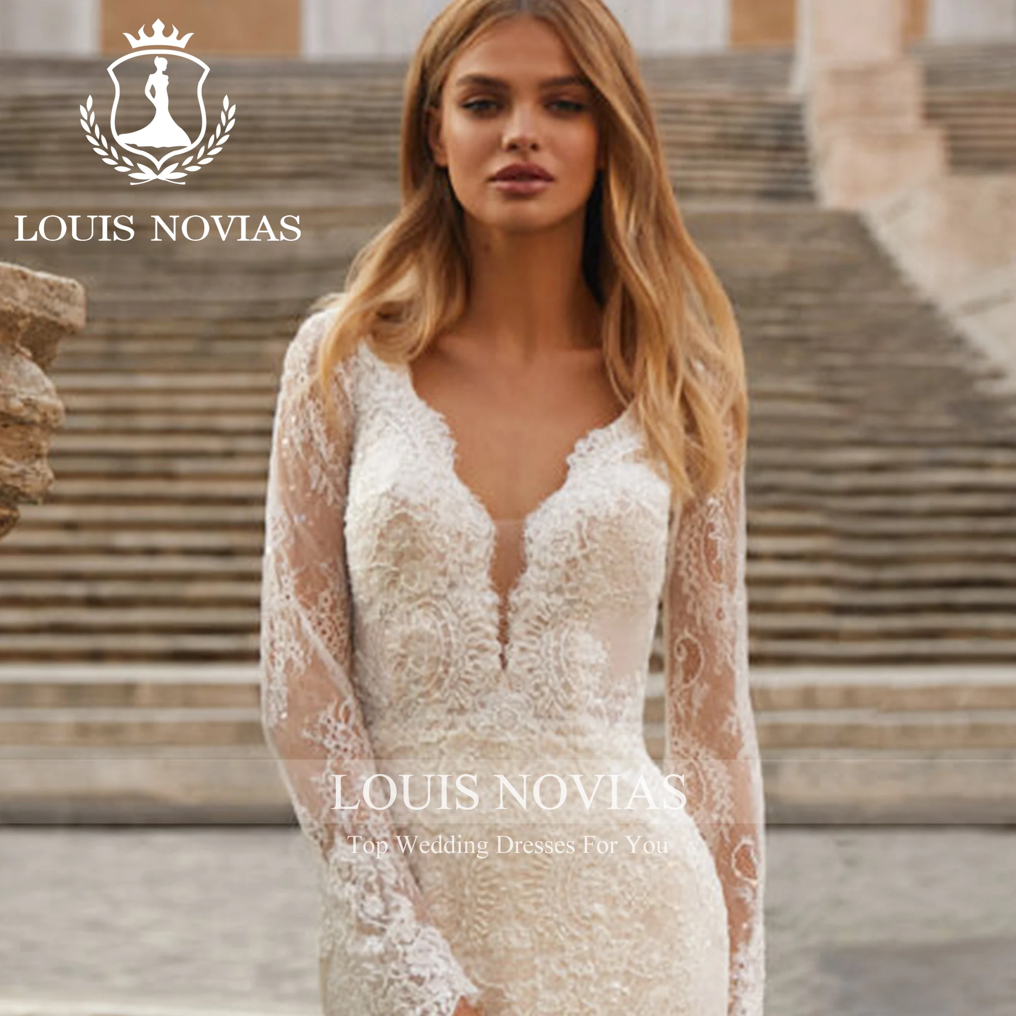 

LOUIS NOVIAS Свадебное платье русалки Сексуальное мечтательное свадебное платье с длинным рукавом и v-образным вырезом с вышивкой до бедра и разрезом Vestidos Novias De Saten