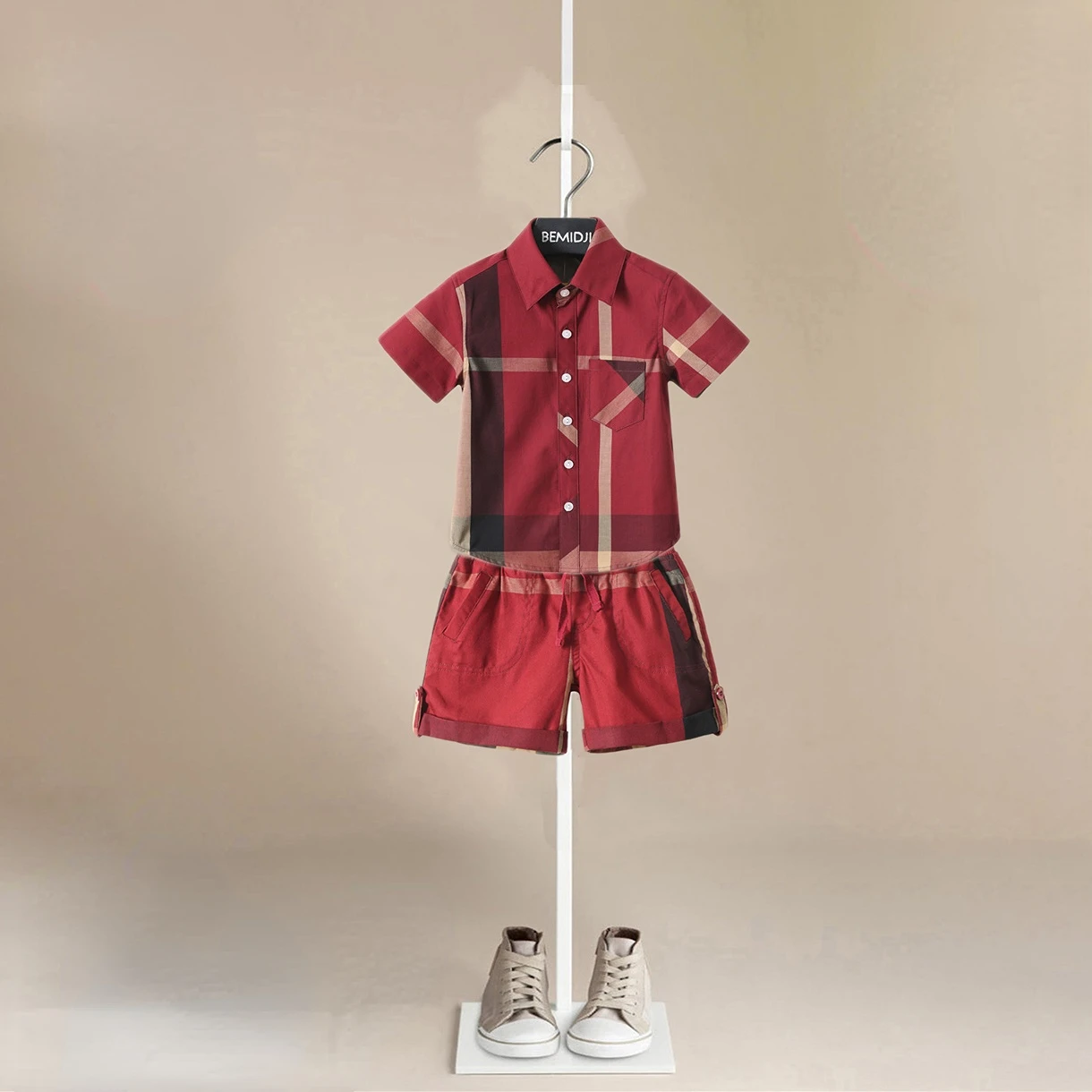 Summer  Red Cute Boy Suit Children's Plaid Short-Sleeved Striped Shirt + Shorts Suit Children's Cotton  Baby Clothes