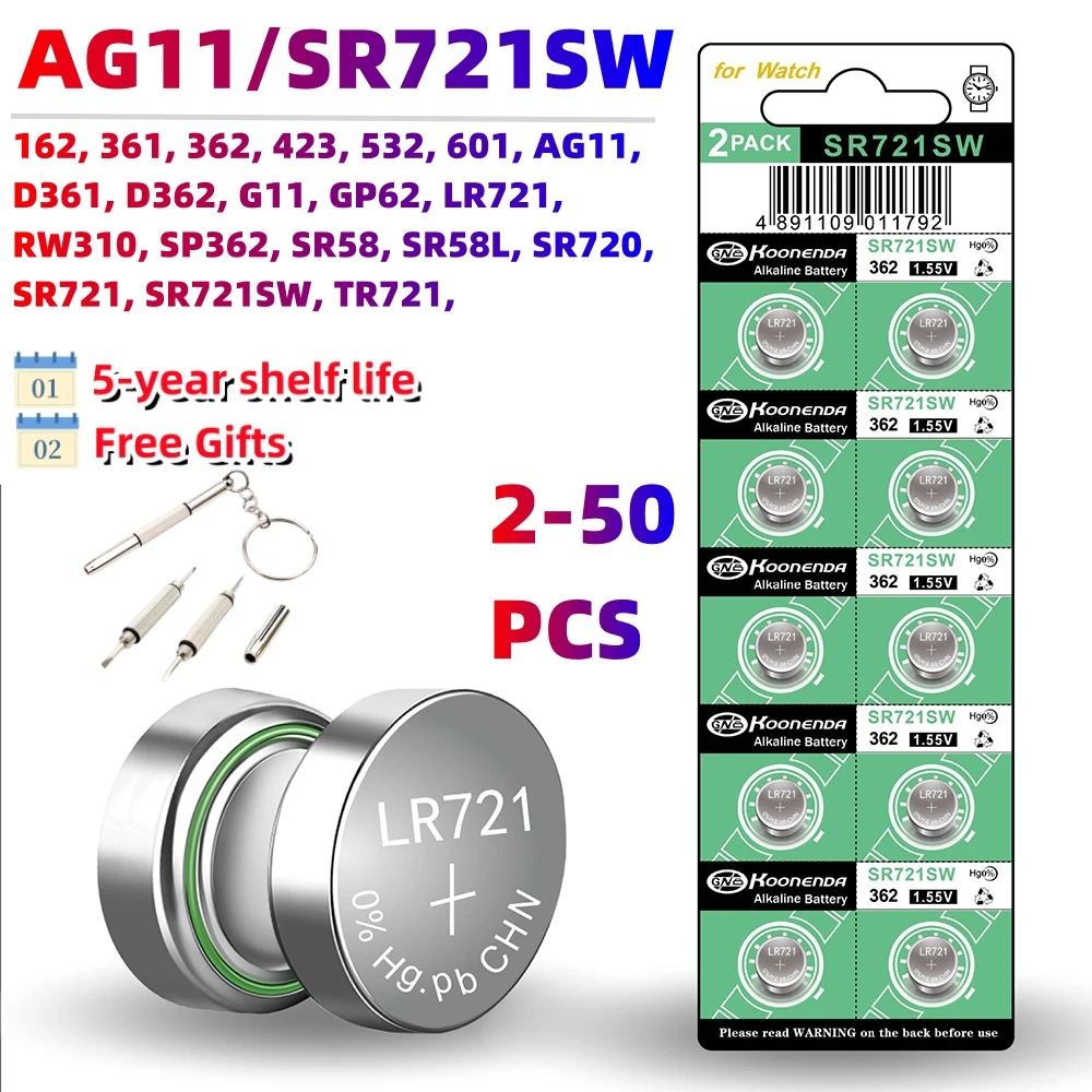 AG11 SR721SW 362 361 162 1.55V Botão Coin Cell Battery, 0% Hg Mercury Free para Watch Toys Baterias Remotas, de alta qualidade