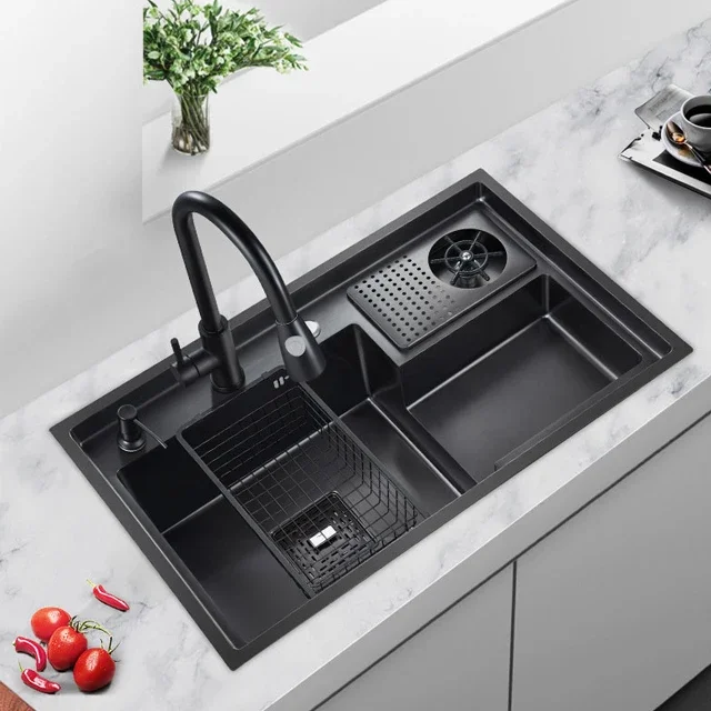 

artifact black sink outdoor sink station Step sus 304 stainless steel kitchen sink with Cup washer