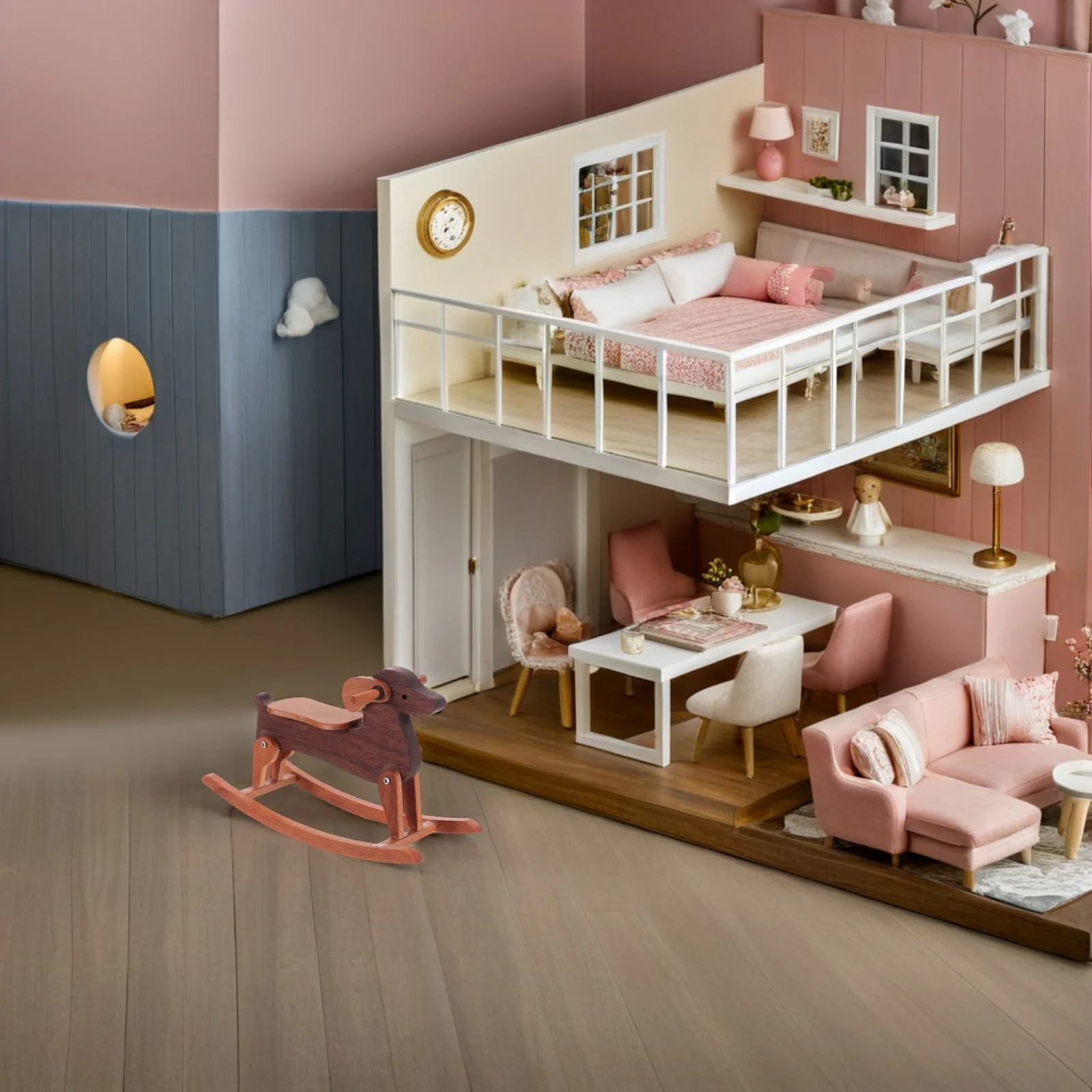 

Miniature Dollhouse Tabletop Horse Ornament Horse With Dachshund Wooden Craft For Nursery Room Diy Accessories Furniture