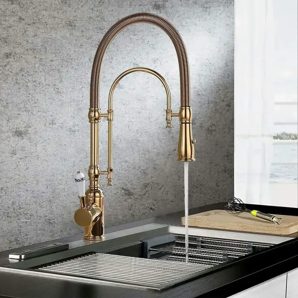 Gold Brass Kitchen Faucet Single Handle Dual-Mode Pull-Down Sprayer Kitchen Sink Faucet With Porcelain Handle