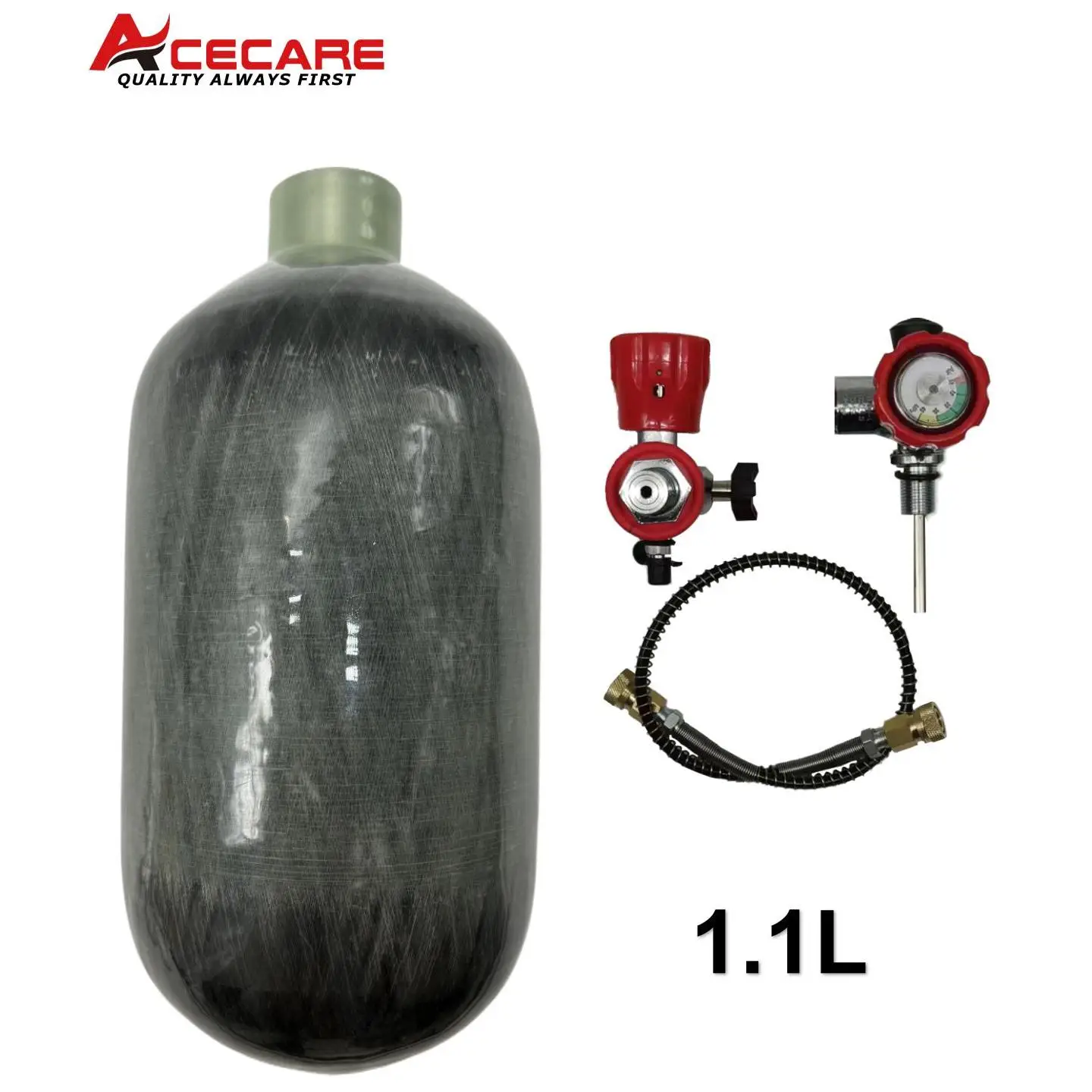 ACECARE-cilindro de fibra de carbono con válvula, 300bar, 4500Psi, 1,1 L, estación de llenado, botella de aire comprimido, tanque HPA, buceo, M18 x 1,5