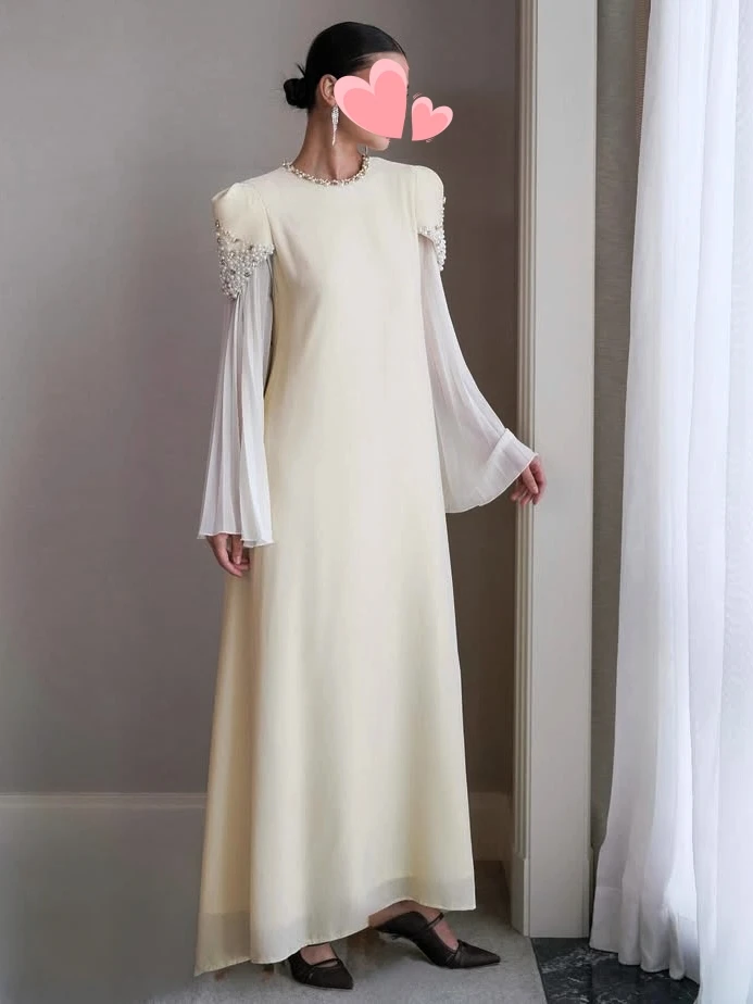 Other Shore Elegant Vintage Simple Beige Pearls Chiffon Stylish New Customized Formal Occasion Prom Dress Evening Party Gowns