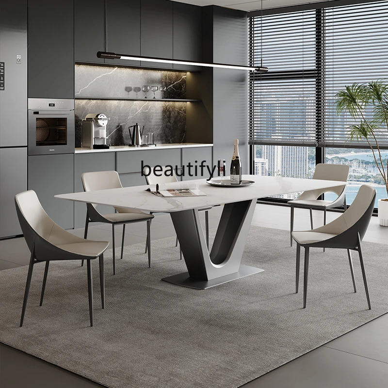 

Slate dining table Italian dining room living room table rectangular stainless steel table and chair combination