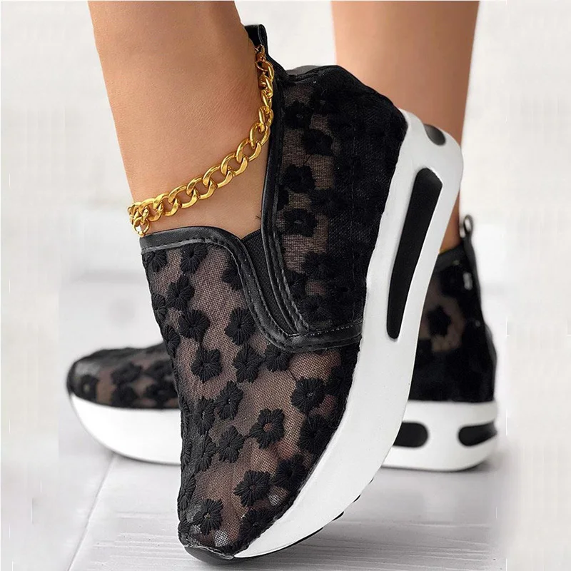 Ladies Platform Wedges For Women Sneakers Floral Embroidery Mesh Thick Bottom Slip On Organza Lace Gladiator Vulcanized Shoes