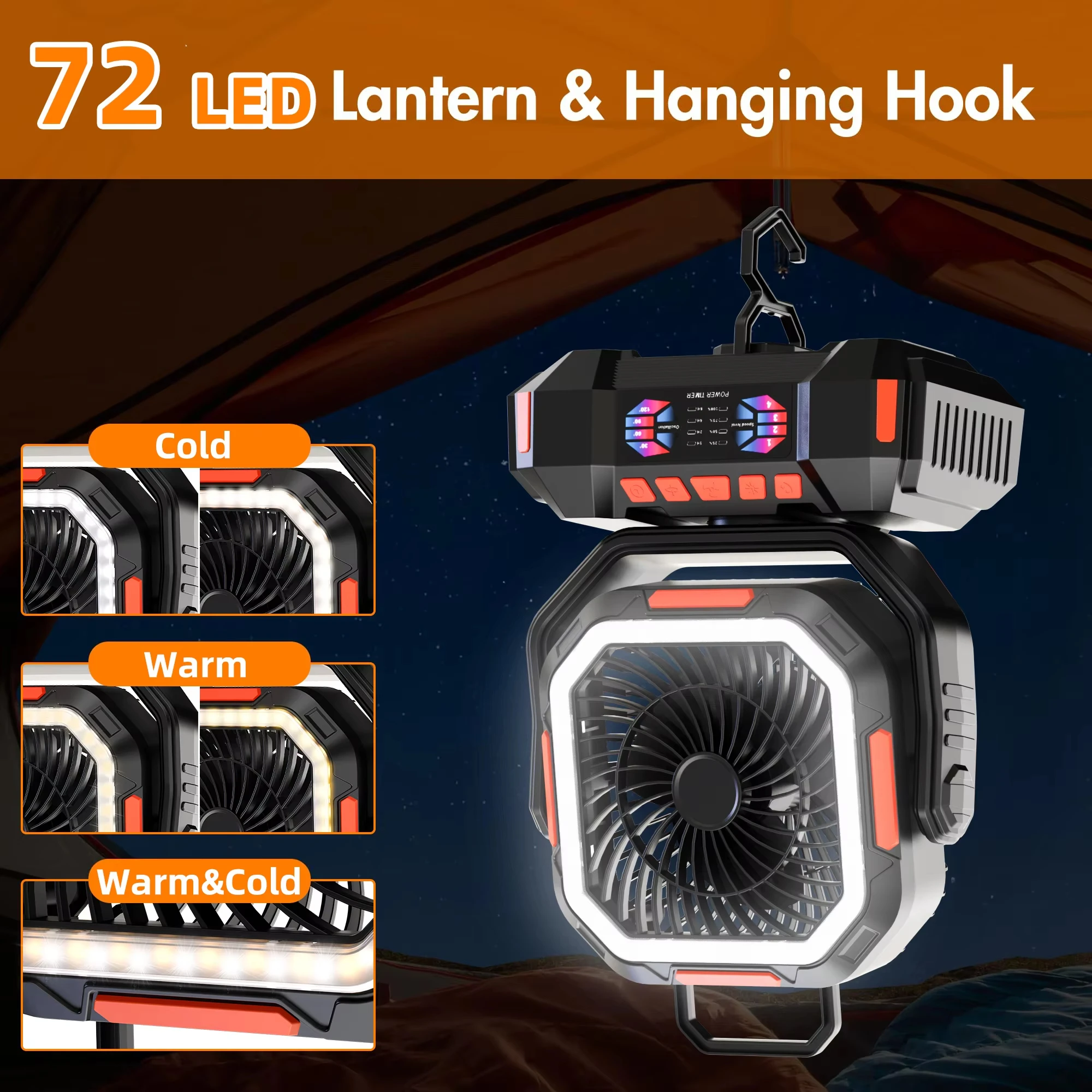 40000mAh Ventilador de acampamento Bateria recarregável Ventilador portátil ao ar livre Tenda sem fio Ventilador de teto Circuladores de ar com gancho e luz LED