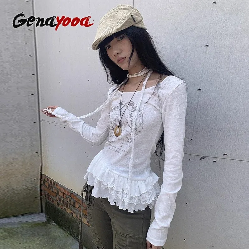 Genayooa Gothic Print T Shirt Women Long Sleeve Graphic Tops Y2k Aesthetic Grunge Tops Streetwear American Retro 90s Tshirts