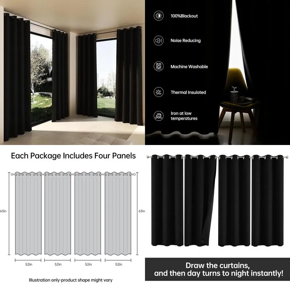 

Однотонные черные термоизолированные шторы с люверсами, 100% затемнение, 52x63 для спальни