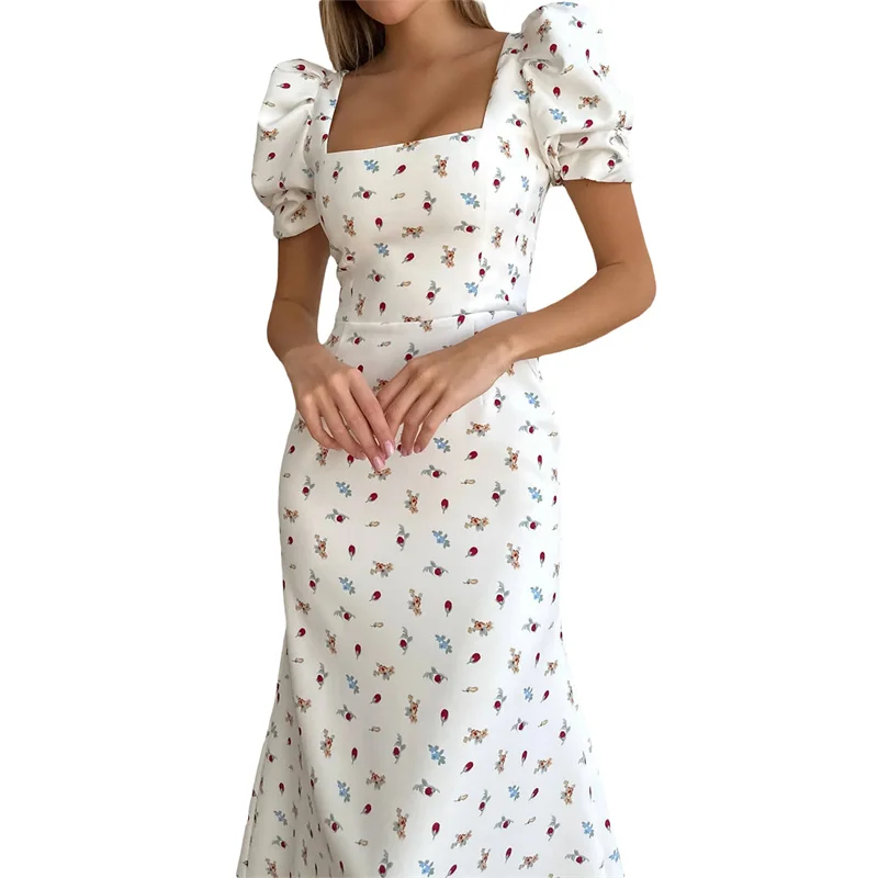 Zomer Vierkante Hals Bloemenprint Jurken Vrouwen Casual Strand Korte Mouw Elegant Feest Flowy Midi Jurk