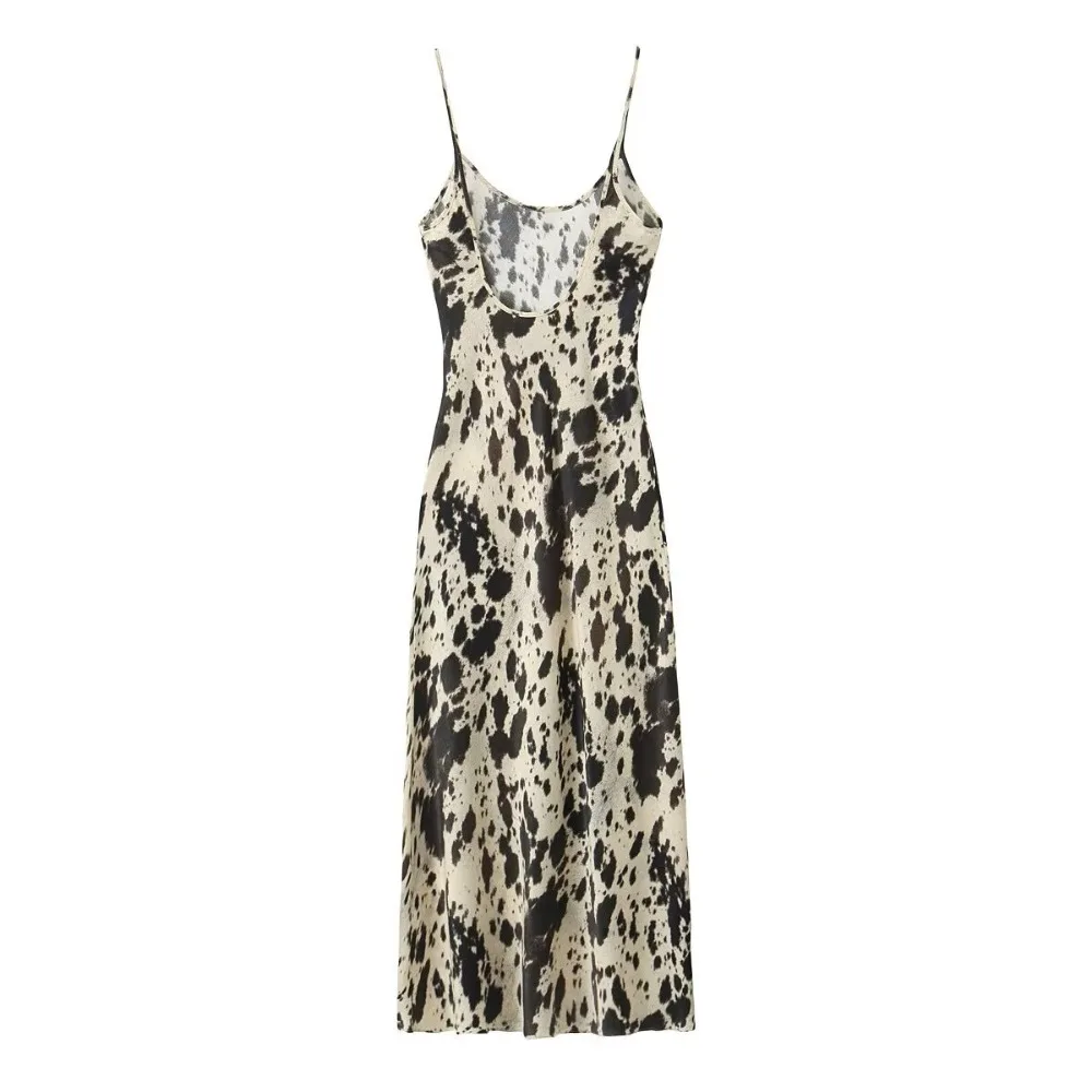 

Vintage Sleeveless Halter Dress Backless Spaghetti Strap Sling Dress Animal Printed Slim Long Dresses Summer