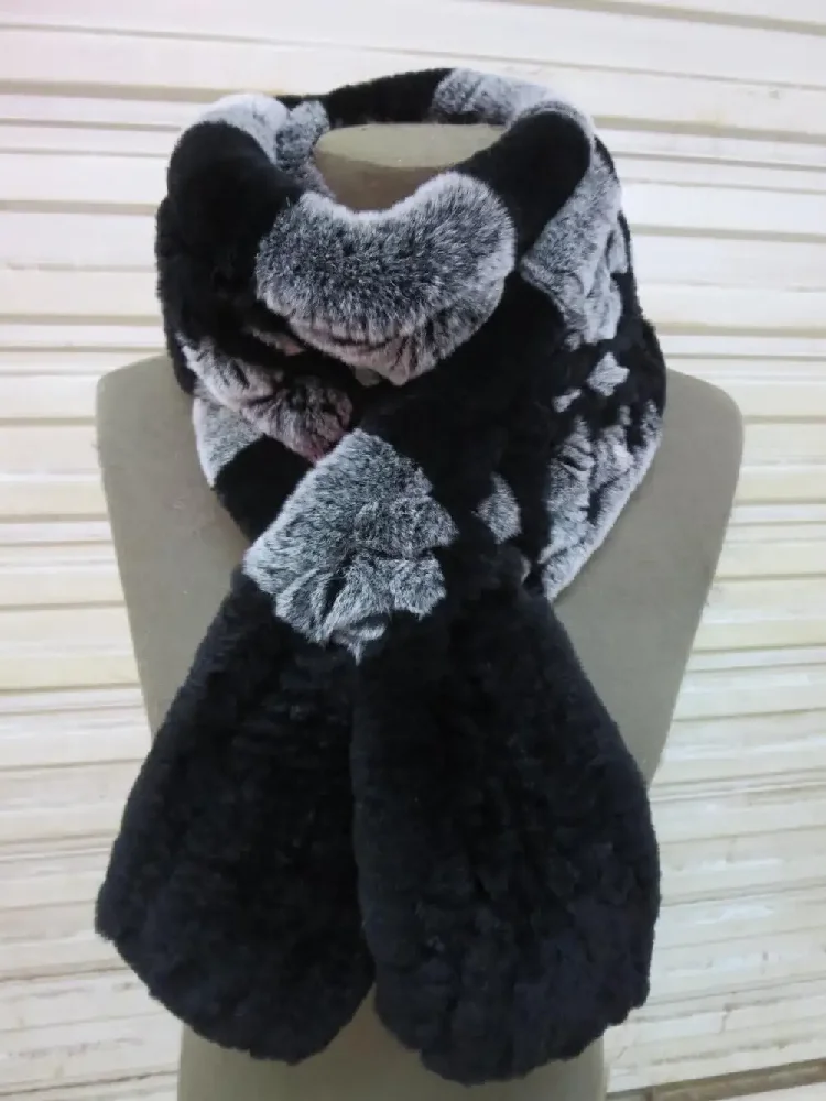 Women's Rex Rabbit Fur Knitted Scarf Winter Warm Neckerchief Shawl Handmade Fluffy Soft Hollow out woven pattern